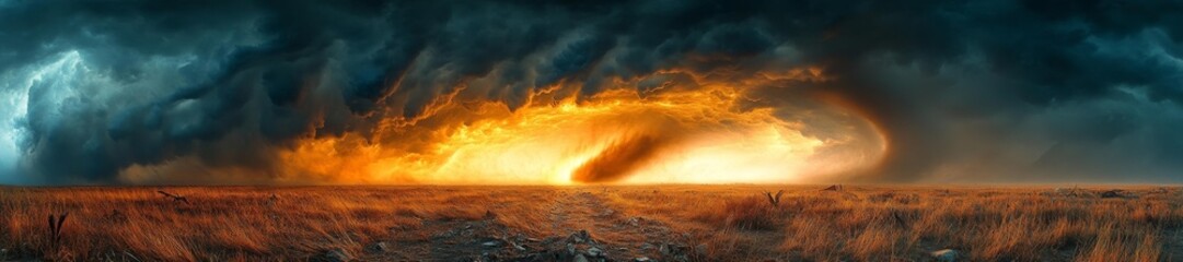 Fototapeta premium Tornado Sweeps Through a Vast Open Plain Under Dark Stormy Skies. Generative AI