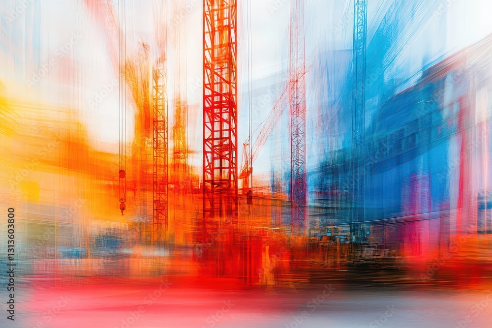 Poster abstract construction site with colorful motion blur, depicting cranes and structures in progress