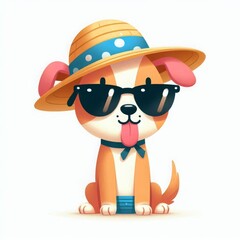 Happy dog in polka dot hat and sunglasses, sitting playfully
