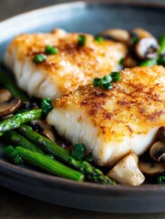 A healthy meal option featuring fish fillets, mushrooms, green onions, asparagus tips, and seasoned breadcrumbs.