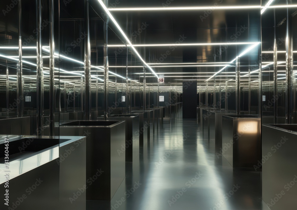 Poster modern interior of a futuristic corridor with reflective surfaces and bright led lights creating a u