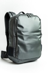 Naklejka premium A black backpack with a silver design on it. The backpack is made of a shiny material and has a zipper pocket