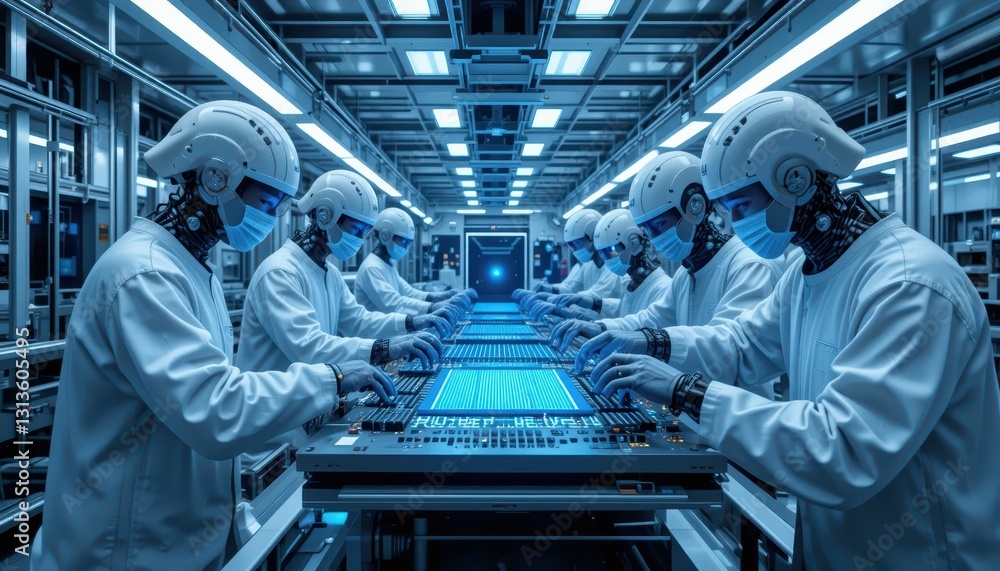 Poster advanced robotics lab with scientists in futuristic environment
