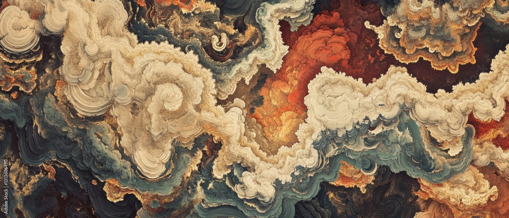Poster abstract clouds in vibrant earthy tones with swirling patterns and textured layers showcasing depth 