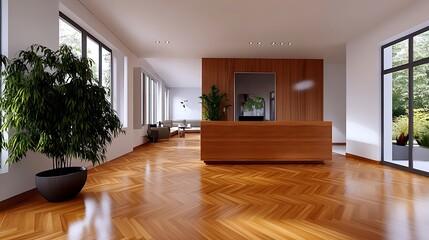 Modern Apartment Lobby: Sunlit 3D Render of a Spacious Interior AI Generated