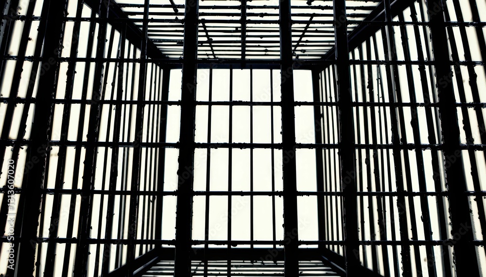 Poster abstract view of metal grating structure from below with white background
