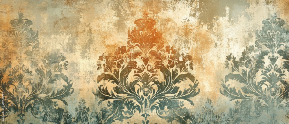 Poster vintage damask pattern with warm tones and textured background for elegant design projects and home 
