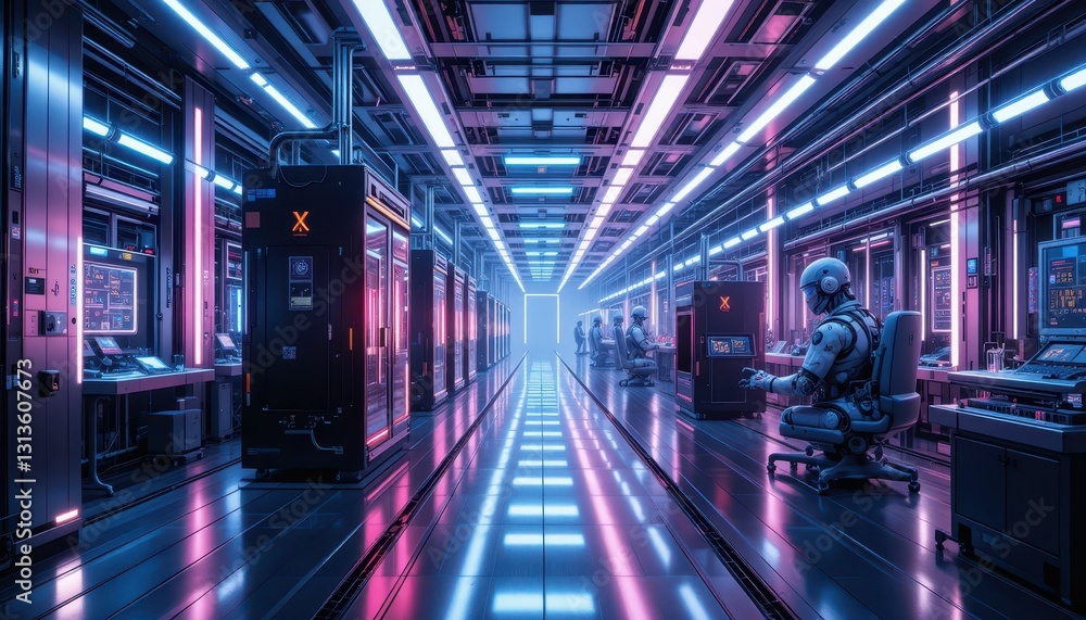 Poster futuristic control room with robots and neon lights in sci-fi setting