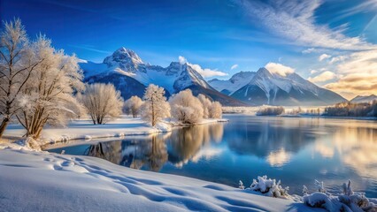 Snow-covered mountains stretching towards the horizon, with trees bare and frosty, a frozen lake in the foreground, and a blue sky with a few clouds -, winter wonderland, snowy mountains
