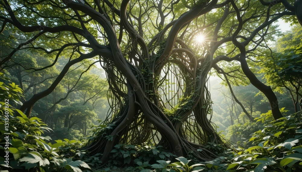 Poster enchanted forest scene with sunlight filtering through trees