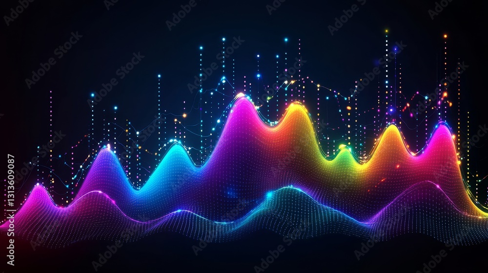 Poster vibrant audio spectrum visualization with dynamic rainbow gradients and glowing particle accents for