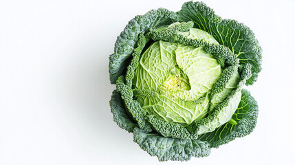 Fresh cabbage in a top-down view, captured in high definition on a white background. High-quality, super detailed, professional photo