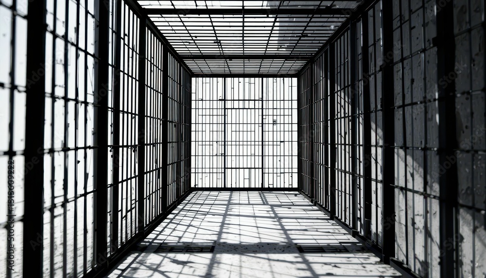 Poster empty jail cell with shadows and light streaming through bars