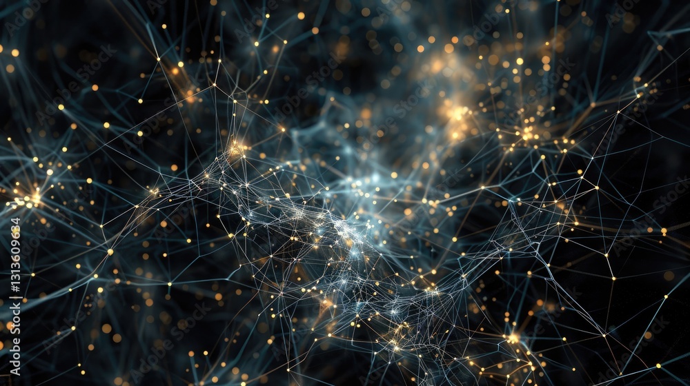 Poster a stunning digital visualization showing millions of nodes and links in a complex network structure,