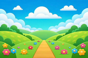 Naklejka premium Cartoon landscape with path, flowers, hills, and blue sky.