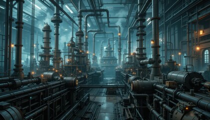 Fototapeta premium Industrial Factory Interior with Pipes and Machinery in Blue Light