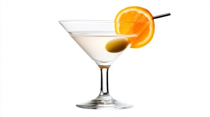 A refreshing and elegant martini cocktail glass with olive and orange garnish isolated on white background. Generative AI