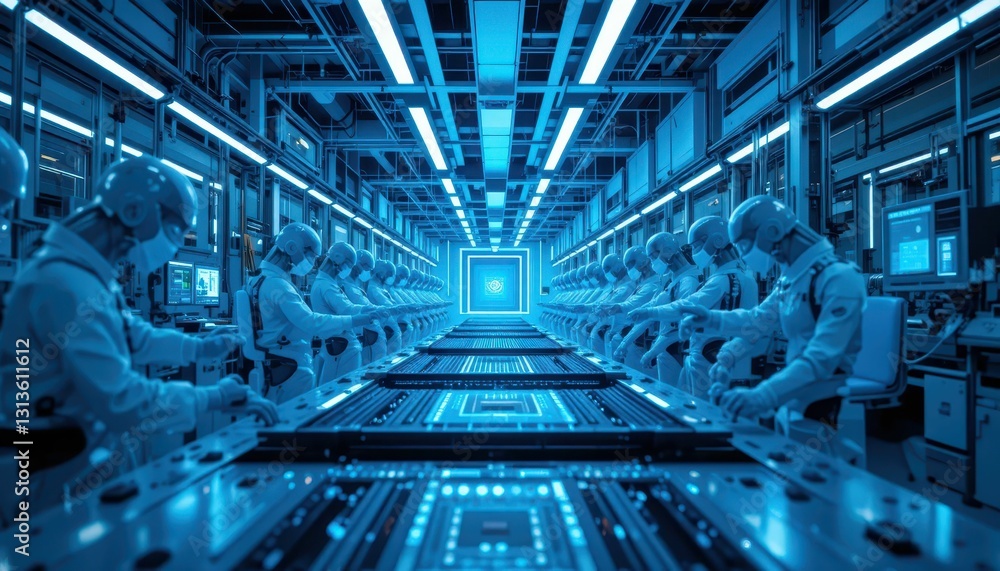 Aufkleber advanced technology lab with robots and circuit boards in blue light