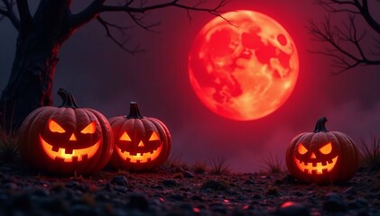 Sinister jack-o'-lanterns against a blood moon background, wallpaper, creepy, October