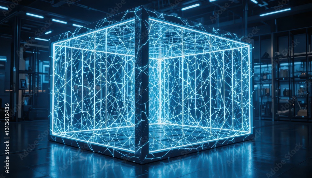 Poster futuristic glowing cube with network connections in high-tech environment