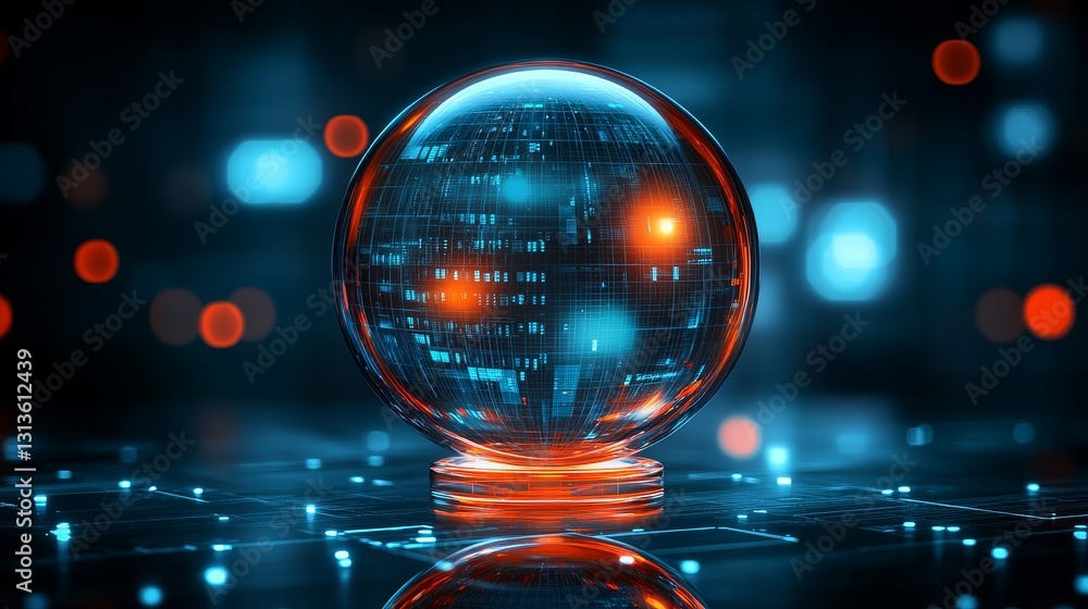 Poster abstract futuristic crystal ball with glowing network connections for digital transformation and art