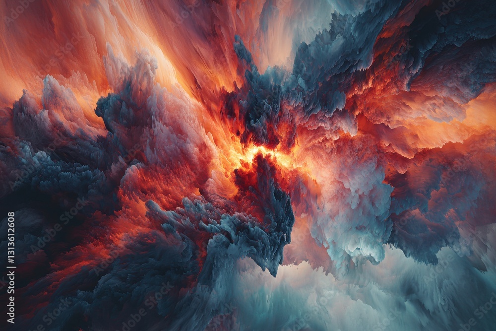 Poster an abstract cosmic explosion with vibrant red and blue nebulae, emanating intense light and energy, 