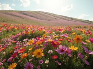 Obraz premium Vibrant wildflowers bloom across a sun-drenched hillside, spring's arrival in full color, idyllic, tranquil, vibrant colors