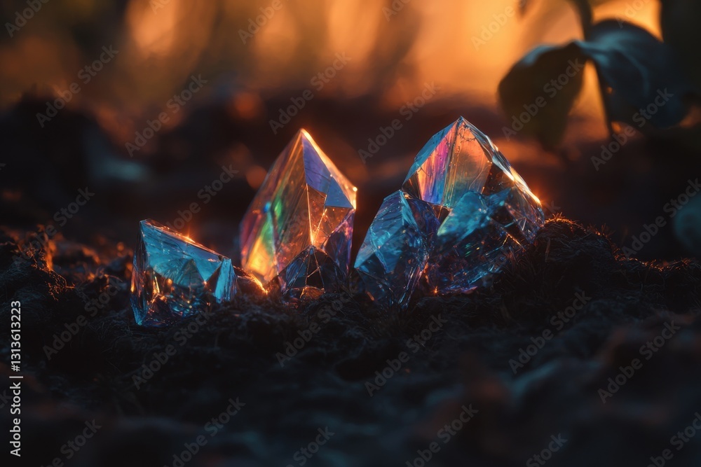Poster luminous crystals resting on a dark, textured surface glow with internal light, reflecting a spectru