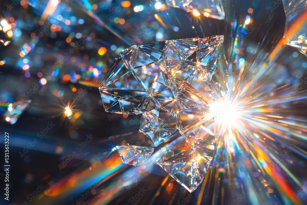 Poster a dazzling light burst through clear geometric crystals, scattering vibrant rainbows and creating a 