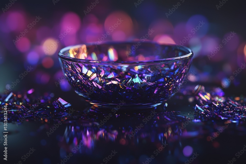 Aufkleber a mesmerizing display of iridescent crystals in a glass bowl, illuminated by a vibrant bokeh backgro