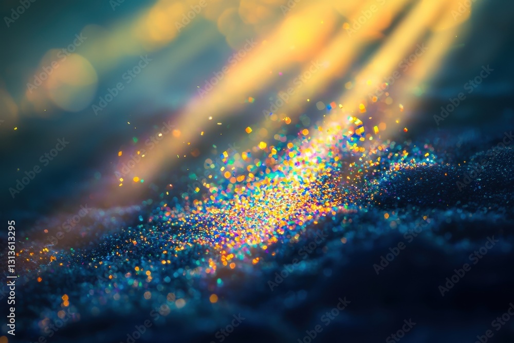 Poster golden light streams down on a pile of colorful glitter, illuminating the sparkling particles, creat