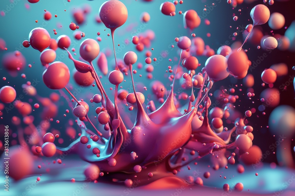 Poster dynamic abstract splash with spheres and splatters, a visually striking composition featuring pink a