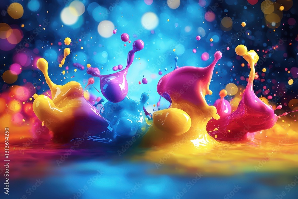 Poster a vibrant and dynamic paint splash explosion of different colors creating an abstract art with bokeh