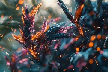 A mesmerizing close-up of alien flora with glowing sparks, showcasing intricate details and vibrant colors, suggesting a fantastical and otherworldly botanical environment.
