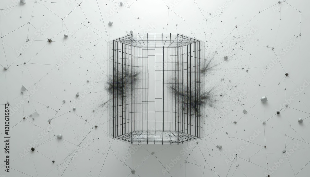 Poster abstract representation of a wire cage with dynamic particles