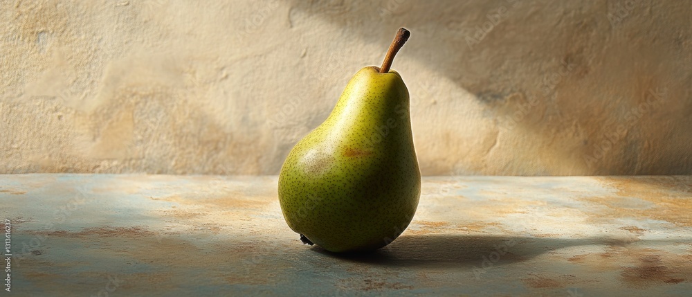 Poster fresh green pear placed on rustic table with soft light and textured background creating a serene an
