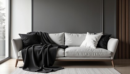 Modern Gray Sofa Calming Against Dark Wall