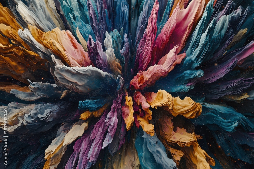 Poster an explosion of vibrant colors creates a dynamic and abstract starburst pattern, with wispy, flowing
