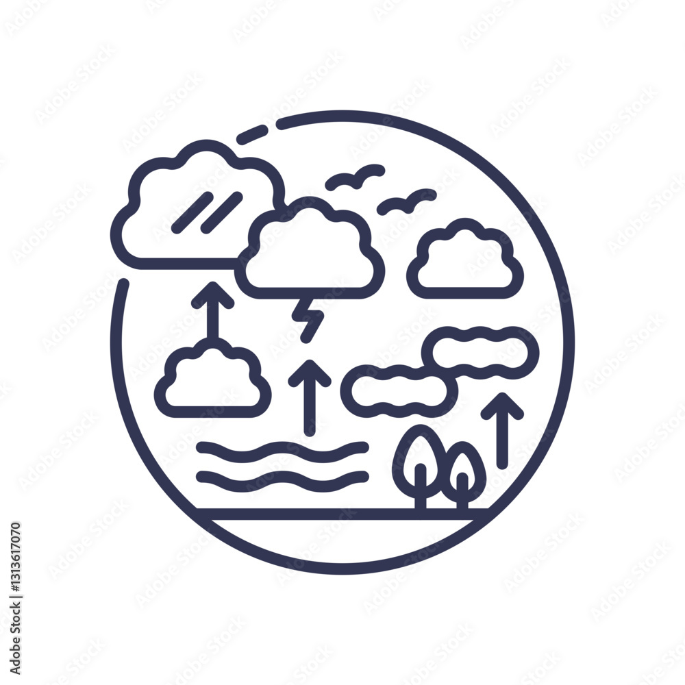 Poster illustration of clouds, arrows, and trees symbolizing atmospheric dynamics and weather patterns.