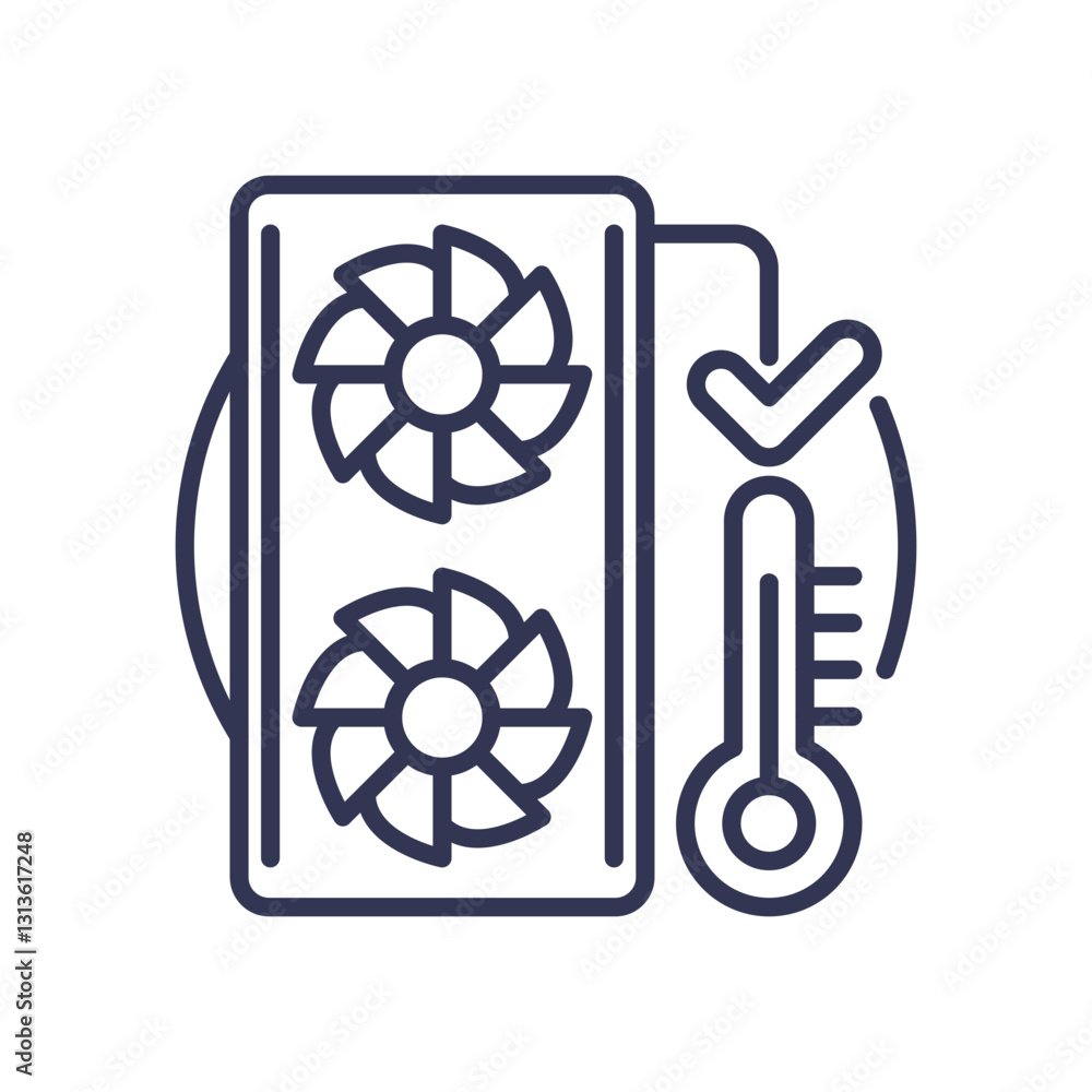 Poster cooling system icon with fans and thermometer symbolizing temperature control.
