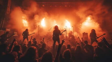 High-energy rock band performing live in a packed venue with a fiery atmosphere and a lively mosh pit. Generative AI