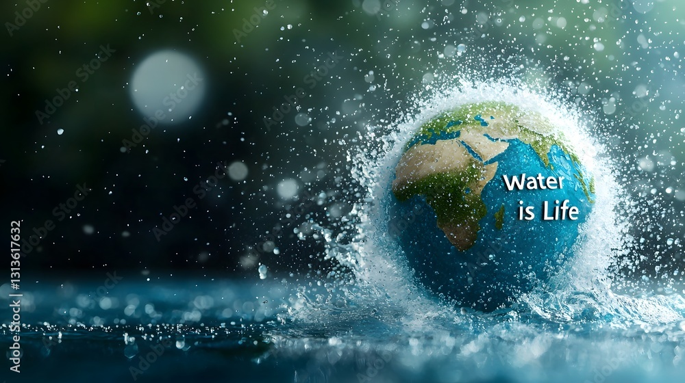 Poster a visually captivating image of a globe made entirely of water floating in a clean blue environment 
