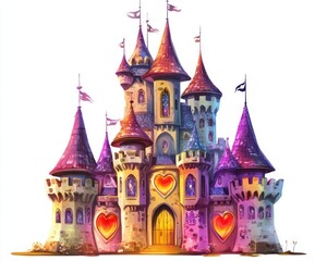 Obraz premium Fairytale castle, heart details, sunset sky, children's book illustration