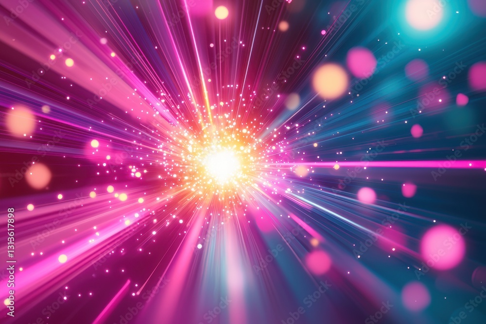 Poster a mesmerizing burst of light in pink and blue, creating an energetic abstract background with radiat