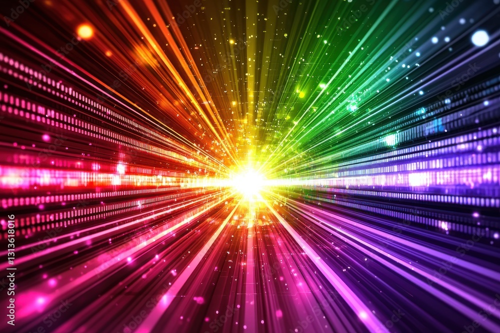 Poster a vibrant abstract background with rainbow colored light trails and glowing particles creating a dyn