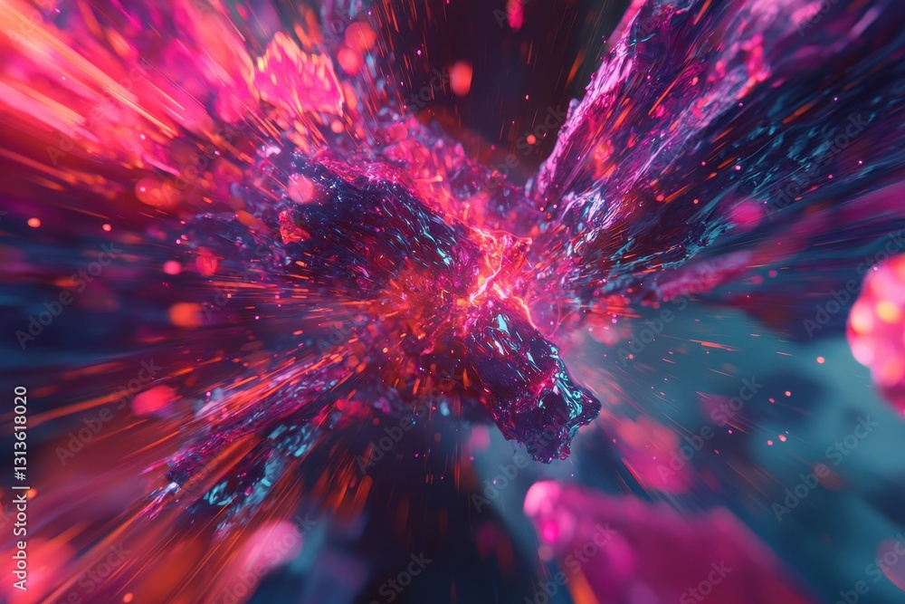 Poster an explosion of vibrant magenta and blue, creating a dynamic abstract pattern with radiating lines a