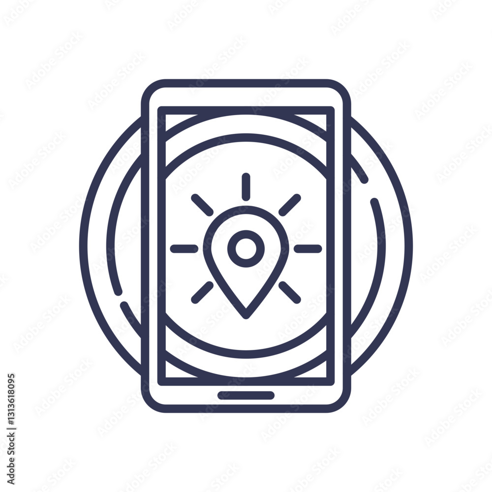 Poster mobile phone with location pin, symbolizing mobile access and navigation.