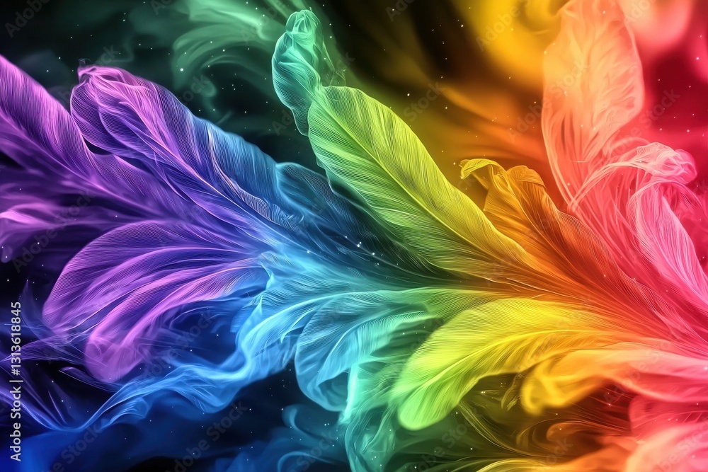 Poster a vibrant and dynamic abstract background featuring colorful flowing feather-like shapes with stunni