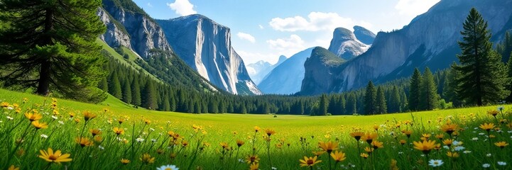 Lush green meadows with blooming wildflowers in Yosemite Valley, landscape, serene, green
