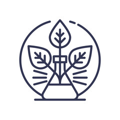 A flask with leaves symbolizes the fusion of science and nature.